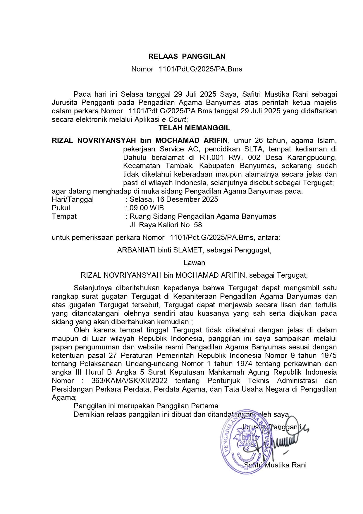 1101 Pdt.G 2025 PA.Bms surat tercatat T pertama ghoib page 0001