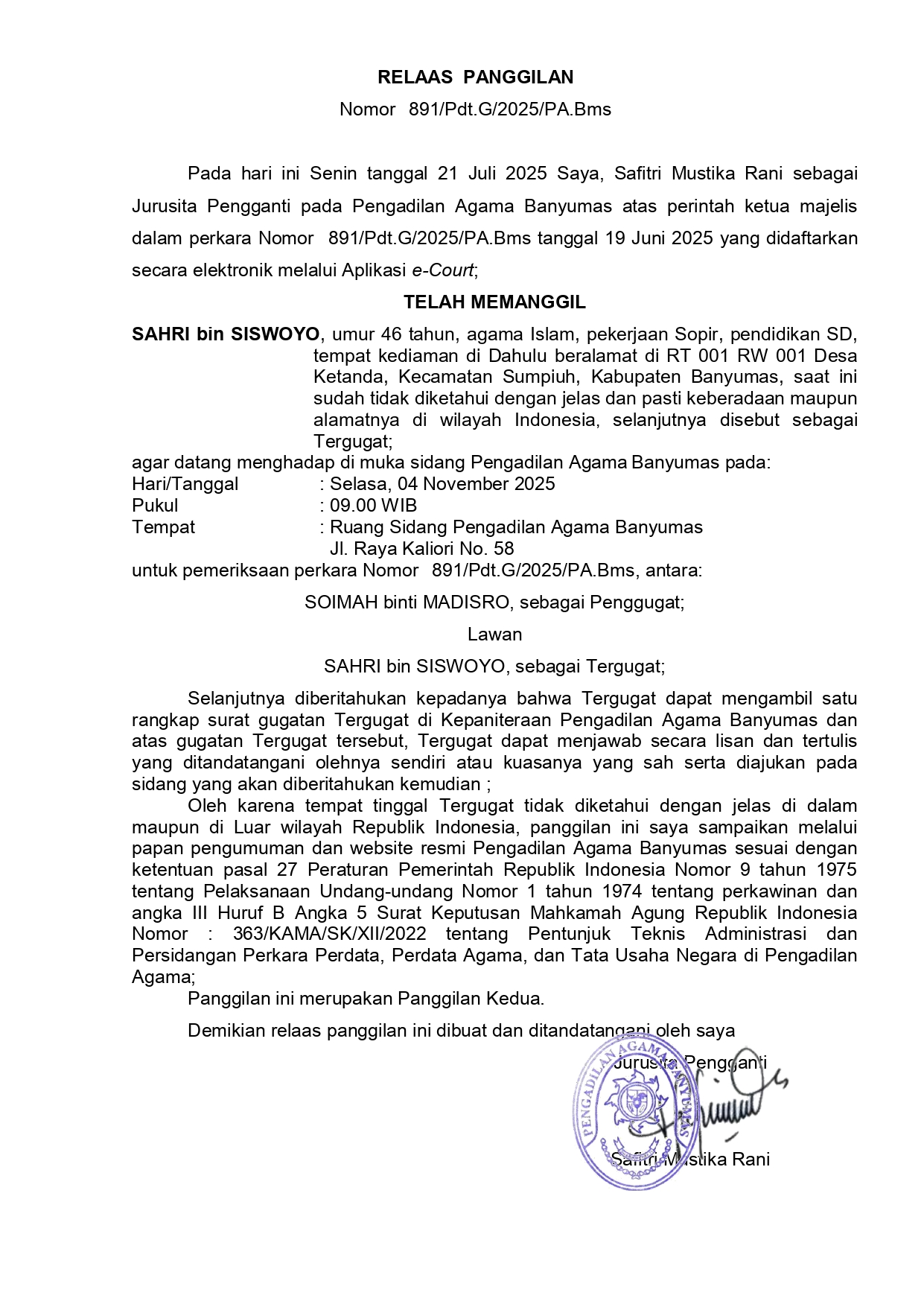891 Pdt.G 2025 PA.Bms surat tercatat T pertama ghoib 1 page 0001