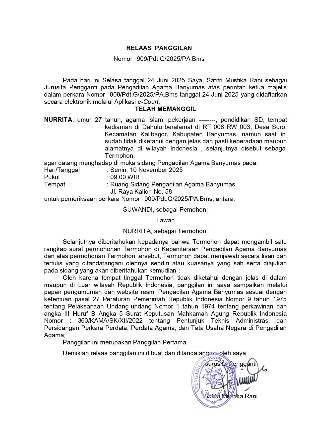 909 Pdt.G 2025 PA.Bms surat tercatat T pertama ghoib page 0001